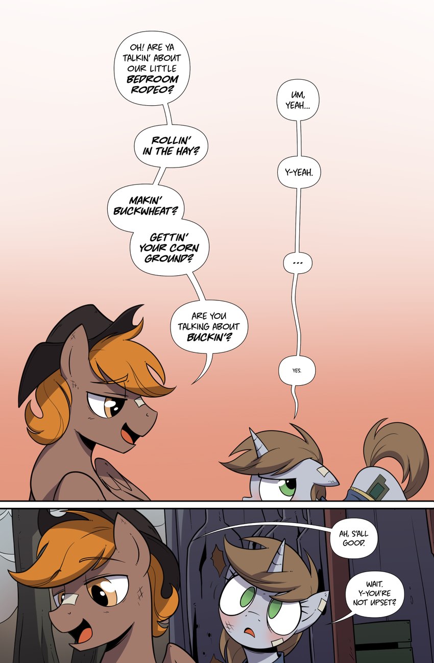 blush dialogue embarrassed female feral horn innuendo male speech_bubble text wings pestil fallout_equestria hasbro my_little_pony mythology calamity_(fallout_equestria) fan_character littlepip equid equine horse mammal mythological_creature mythological_equine pegasus pony unicorn 2023 comic english_text hi_res