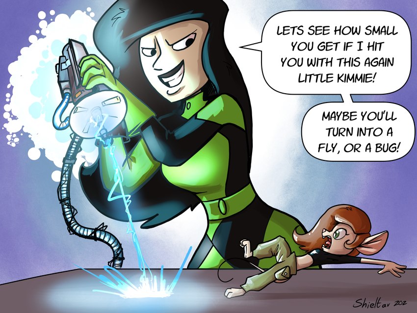 alternate_species anthro black_hair breasts brown_hair clothed clothing dialogue duo female green_eyes hair micro midriff open_mouth ranged_weapon raygun tail text weapon shieltar disney kim_possible kimberly_ann_possible shego human mammal mouse murid murine rodent 2020 4:3 english_text hi_res