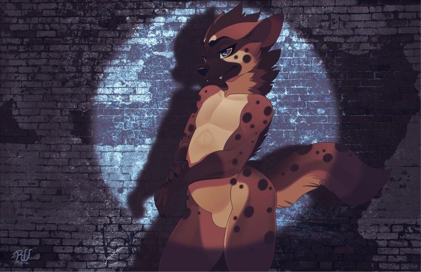 anthro black_nose blue_eyes brown_body brown_fur eyebrows eyelashes featureless_crotch fingers fur male markings nude solo spots spotted_body spotted_fur standing tail rudragon hyena mammal 2023 digital_media_(artwork) hi_res