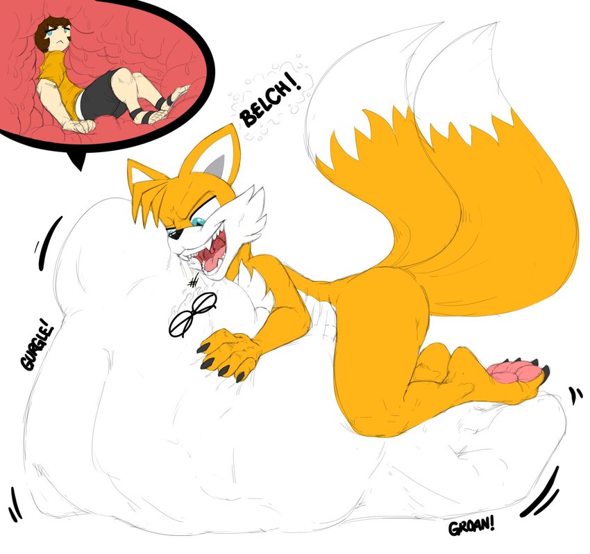 anthro barefoot belly big_belly burping claws duo feet fully_inside internal male male/male nude oral_vore pawpads paws size_difference smaller_pred stretchy_bulge toe_claws vore heartman98 sega sonic_the_hedgehog_(series) miles_prower human mammal hi_res