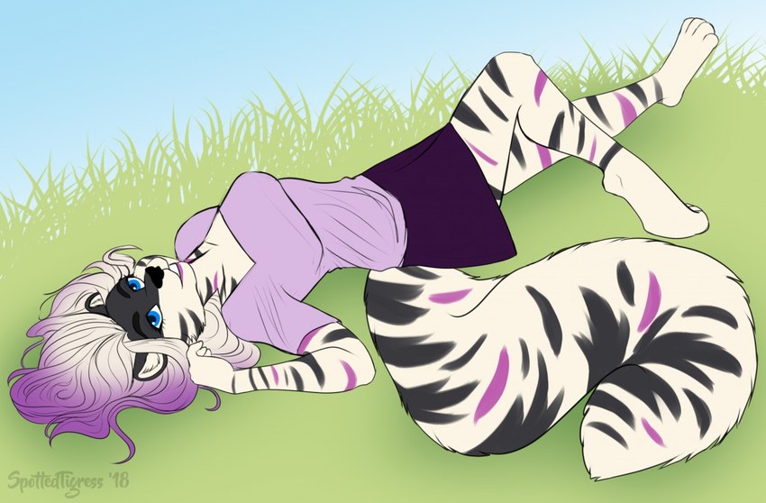 anthro black_markings blue_eyes bottomwear clothed clothing eyelashes female fur grass hair looking_at_viewer lying markings on_back outside plant purple_bottomwear purple_clothing purple_hair purple_markings purple_skirt purple_topwear skirt solo striped_arms striped_body striped_fur striped_legs striped_markings striped_tail stripes tail tail_markings topwear white_hair tiggybloom