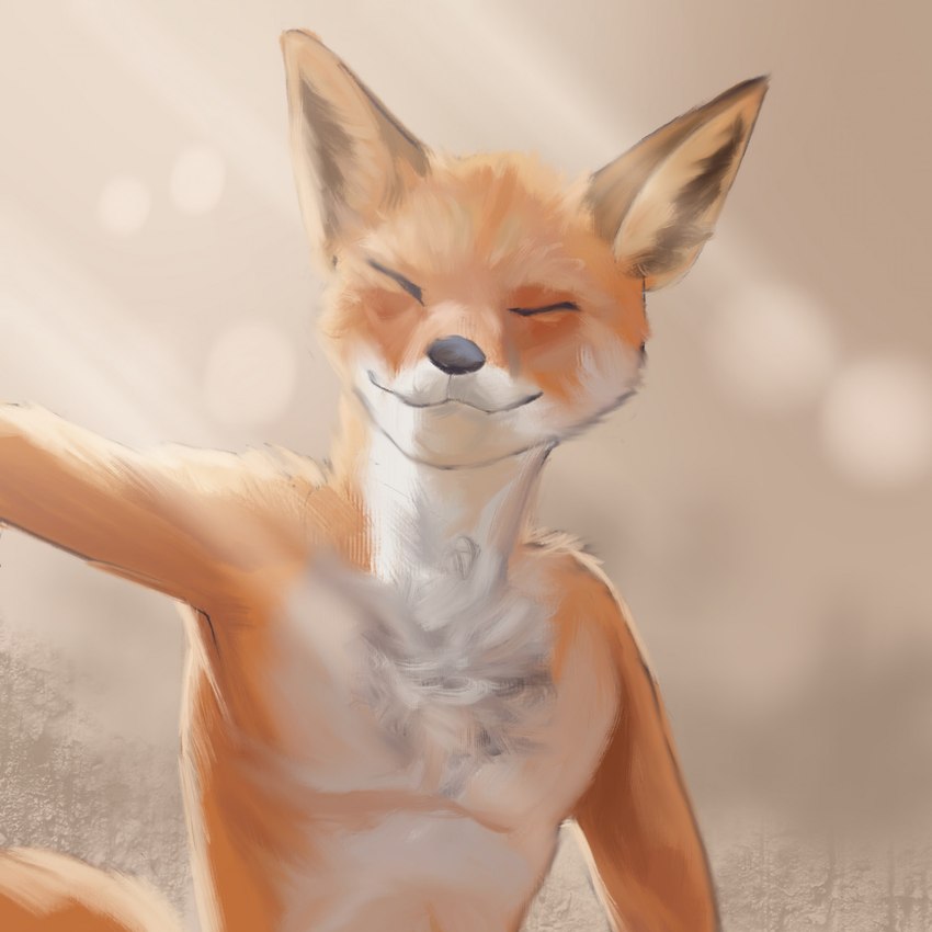 anthro blurred_background eyes_closed fur light light_beam male orange_body orange_fur patreon_artist patreon_username smile solo sunbeam sunlight stampmats canid canine fox mammal 1:1 hi_res