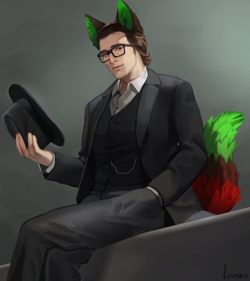 black_bottomwear black_clothing black_ears black_hat black_headwear black_pants black_suit black_tie_(suit) bottomwear brown_eyes brown_hair closed_smile clothed clothing crossed_legs dipstick_tail eyewear formal_wear fox_ears fox_tail glasses green_inner_ear green_tail_tip hair hand_in_pocket hat hat_off headgear headwear holding_clothing holding_hat holding_headgear holding_headwear holding_object looking_at_viewer male markings mouth_closed pants pocket_chain pockets red_tail shirt simple_background sitting smile solo suit tail tail_markings topwear wearing_glasses white_body white_clothing white_shirt white_skin white_topwear elinapires victor_johansen animal_humanoid canid canid_humanoid canine canine_humanoid fox_humanoid humanoid mammal mammal_humanoid 2022 absurd_res hi_res signature