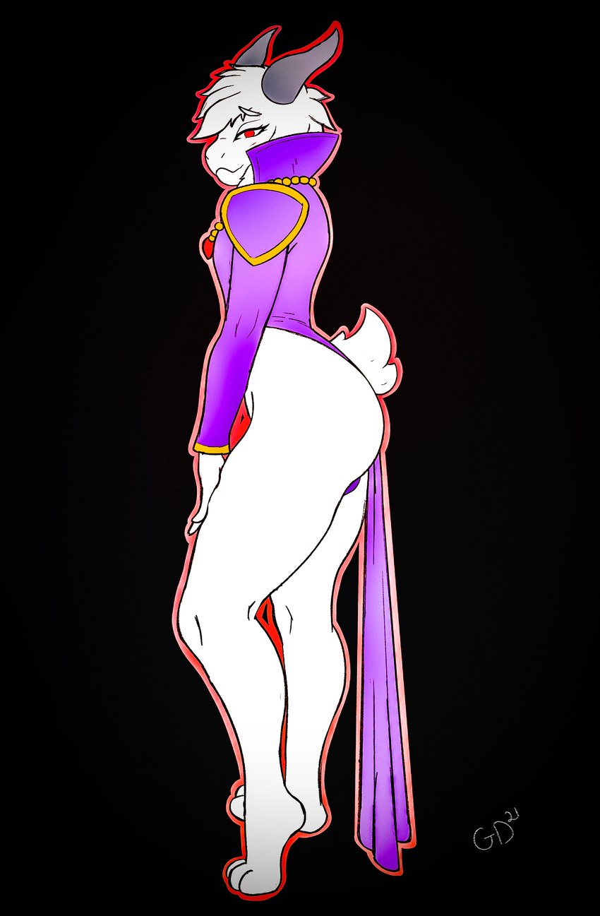 anthro butt clothing femboy fur hair horn male paws pulled_to_side red_eyes robe simple_background solo white_body white_fur white_hair generaldegeneracy undertale undertale_(series) asriel_dreemurr asriel_dreemurr_(god_form) boss_monster_(undertale) bovid caprine mammal absurd_res hi_res