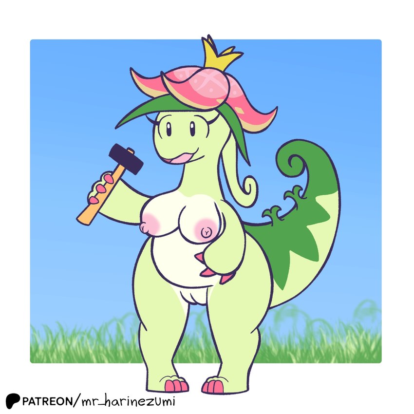 anthro areola belly big_breasts border breasts day female genitals grass green_body hammer holding_object holding_tool nipples non-mammal_breasts non-mammal_nipples non-mammal_pussy nude overweight plant pussy slightly_chubby smile solo standing tools white_border el_senor_erizo palworld pocketpair dinosaur dinossom elemental_creature flora_fauna pal_(species) prehistoric_species reptile scalie 1:1 hi_res