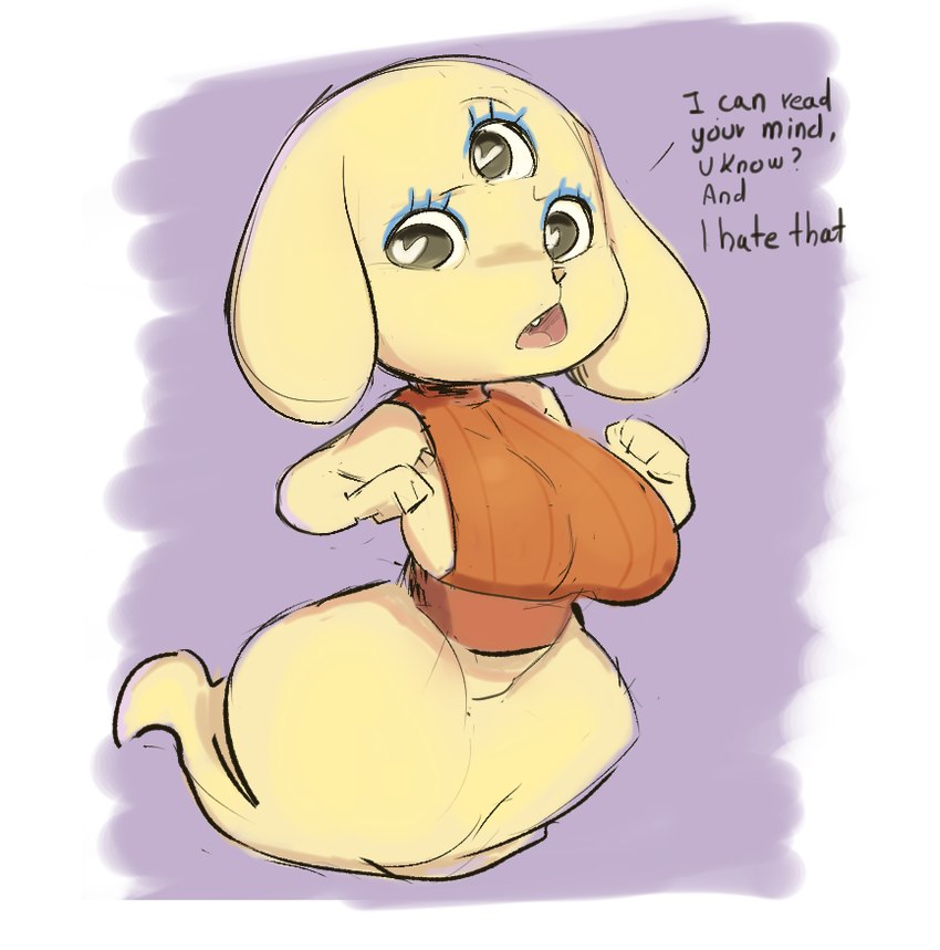 breasts clothed clothing dialogue eyelashes female heart_eyes heart_symbol looking_at_viewer side_boob solo text yellow_body gikowinko level-5 yo-kai_watch espy_(yo-kai_watch) canid canine canis domestic_dog mammal english_text tagme