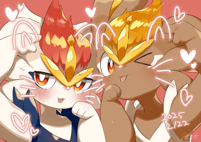 ambiguous_gender anthro blep blush duo fur heart_symbol looking_at_viewer one_eye_closed tongue tongue_out white_body white_fur minamo_(pixiv17726065) nintendo pokemon cinderace generation_8_pokemon pokemon_(species) shiny_pokemon absurd_res hi_res