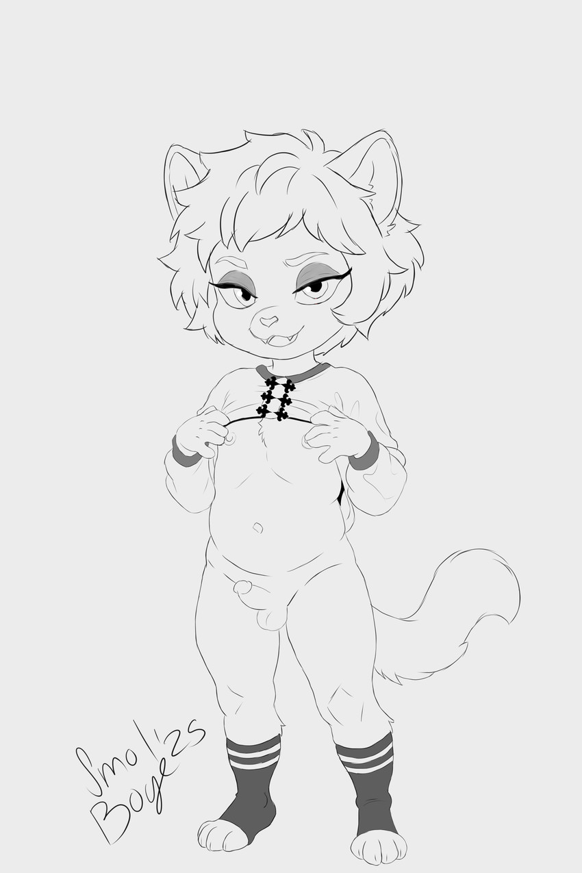 4_fingers 4_toes anthro balls bedroom_eyes belly clothed clothing clothing_lift digitigrade erection fangs feet femboy fingers footwear fur genitals hand_on_chest looking_at_viewer looking_pleasured makeup male narrowed_eyes naughty_face nipples open_mouth partially_clothed penis seductive shirt shirt_lift shota simple_background socks solo standing tail teeth toeless_legwear toes tongue topwear touching_nipples white_body white_fur young young_anthro young_male smol_boye domestic_cat felid feline felis mammal 2:3 absurd_res hi_res