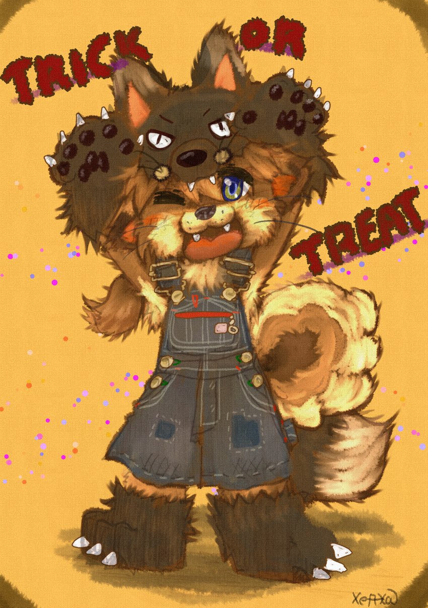 ambiguous_gender anthro blush blush_stickers bottomwear clothed clothing costume denim denim_bottomwear denim_clothing denim_shorts fluffy gloves halloween_costume handwear holidays kemono male overalls paw_boots paw_gloves shorts solo text trick-or-treating wolf_costume young young_anthro hedhakof halloween canid canine canis domestic_dog mammal english_text hi_res