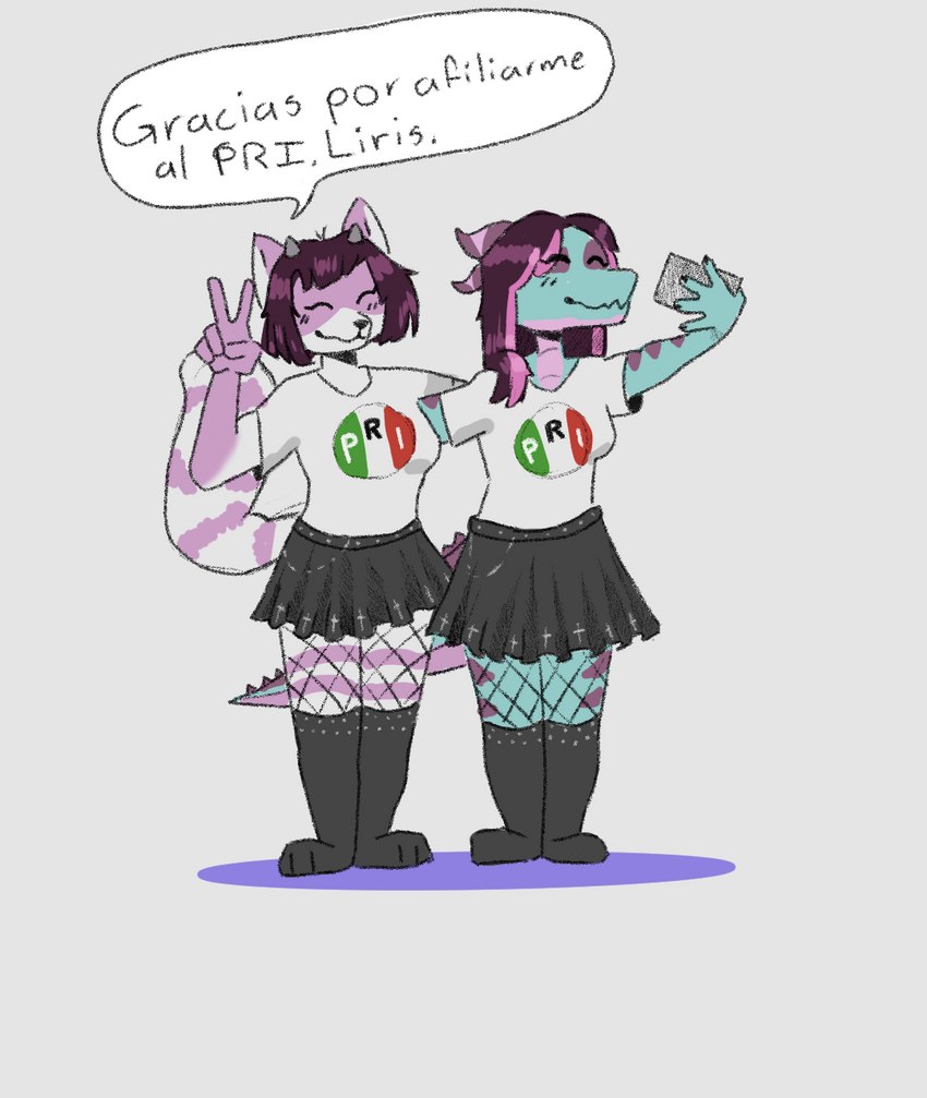 anthro bottomwear clothing duo e-girl egirl electronics eyes_closed female female/female fishnet_clothing fishnet_legwear fur fur_markings gesture hair hand_gesture holding_object holding_phone horn hug humor legwear markings mexican mexican_flag mexico phone politics purple_hair ring_(marking) ringed_tail shirt simple_background skirt smile speech_bubble spiked_tail spikes spikes_(anatomy) striped_markings striped_tail stripes t-shirt tail tail_markings taking_picture taking_selfie text thigh_highs topwear v_sign unknown_artist hamgie liris_gardenia crocodile crocodilian mammal procyonid raccoon reptile scalie hi_res spanish_text translated trans_(lore) trans_woman_(lore)