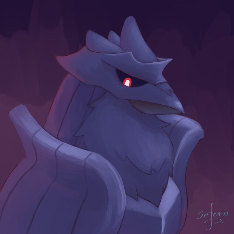 beak feral red_eyes simple_background solo safero nintendo pokemon avian bird corviknight generation_8_pokemon pokemon_(species) 1:1 2019 absurd_res digital_media_(artwork) hi_res signature