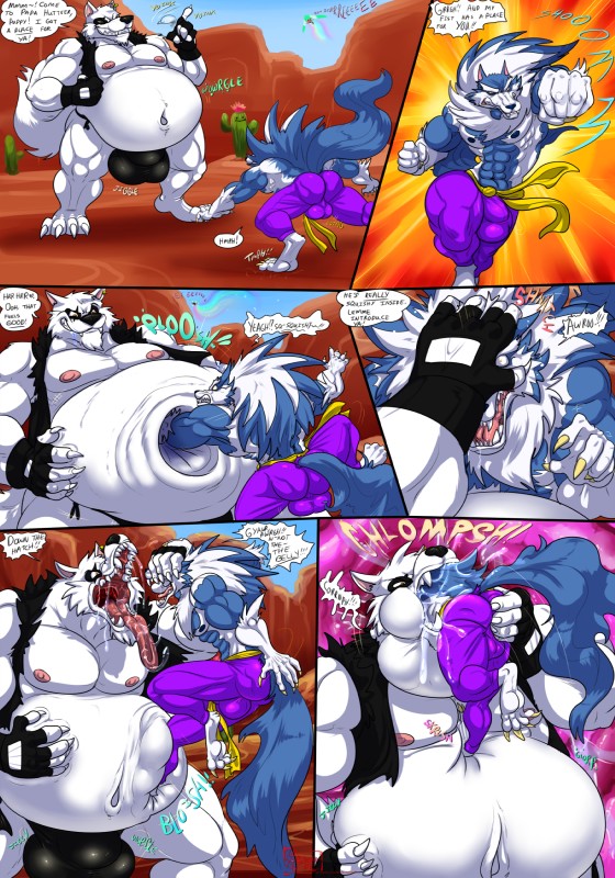 4_toes 5_fingers abs all_fours angry animal_genitalia anthro anthro_on_anthro balls_outline belly belly_squish biceps big_belly black_body black_fur black_nose blorsh blue_body blue_fur blue_hair blue_nose blue_skin bodily_fluids bodily_noises boing bottomwear bouncing_sound_effect bulge clothing contact_onomatopoeia deep_navel derived_sound_effect desert detailed_bulge dialogue different_sound_effects digitigrade drooling duo eee extended_sound_effect feet fight fingers fist forced fully_sheathed fur genital_outline genitals glorp gloves gloves_(marking) grin hair hand_on_belly hand_on_butt hand_on_head handwear head_first hmph impact_onomatopoeia jiggling male male/male mane markings motion_onomatopoeia multicolored_body multicolored_fur multicolored_hair multicolored_skin musclegut muscular muscular_male name_drop name_in_dialogue navel nipples nom_(sound_effect) onomatopoeia open_mouth oral_vore pants partially_inside penis_outline pointy_speech_bubble puffy_speech_bubble punch rumbling_stomach saliva sharp_teeth sheath size_difference smile sound_effect_variant sound_effects species_in_dialogue species_name_variant speech_bubble squish standing stuttering talking_to_another talking_to_pred talking_to_prey teeth text text_emphasis tight_underwear toes tongue tongue_out two_tone_body two_tone_fur two_tone_hair two_tone_skin underline underwear vore vowelless vowelless_sound_effect vowelless_vocalization white_body white_fur white_hair white_skin wobbling hungothenomster capcom darkstalkers mythology jon_talbain canid canine canis mammal mythological_canine mythological_creature werecanid werecanine werecreature werewolf wolf 2018 absurd_res english_text hi_res