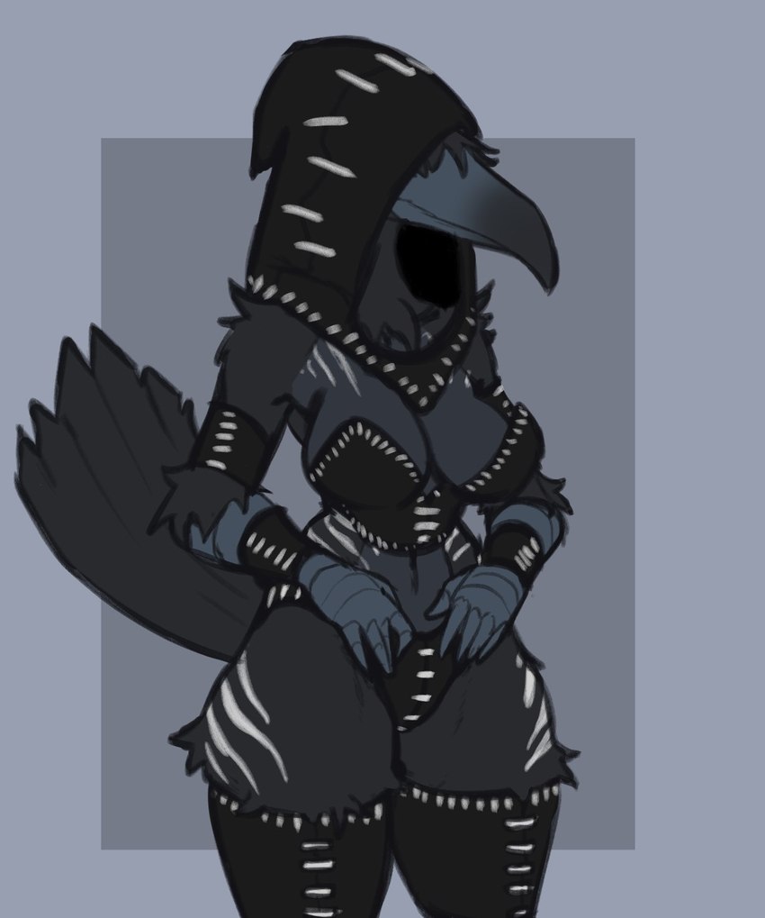 anthro beak black_body black_feathers bustier clothed clothing feathers female front_view hood hood_over_eyes legwear midriff panties scuted_arms scutes solo standing tail tail_feathers thigh_highs underwear artlegionary mornne_(artlegionary) avian bird corvid corvus_(genus) crow oscine passerine hi_res