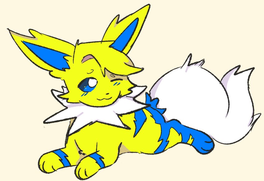 ambiguous_gender feral fur simple_background smile solo tan_background yellow_body yellow_fur bloowolfy nintendo pokemon eeveelution generation_1_pokemon jolteon pokemon_(species) 2023 full-length_portrait hi_res portrait