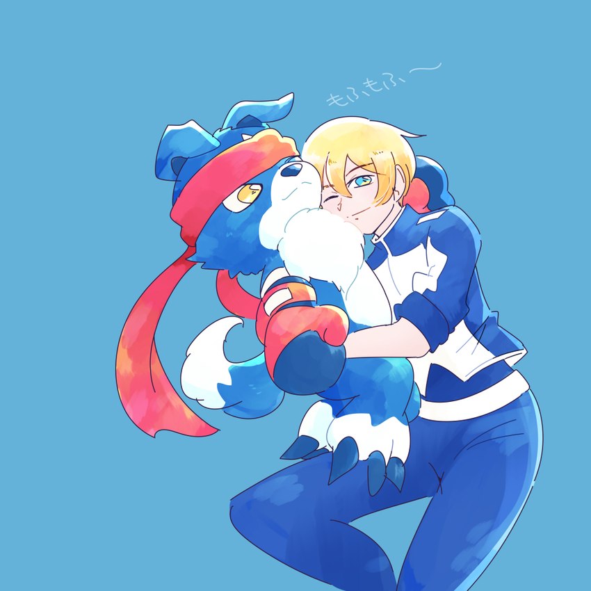 accessory anthro blonde_hair boxing_gloves clothing duo hair handwear headband hug male pg_enaena bandai_namco digimon digimon_data_squad thomas_norstein digimon_(species) gaomon human mammal 1:1