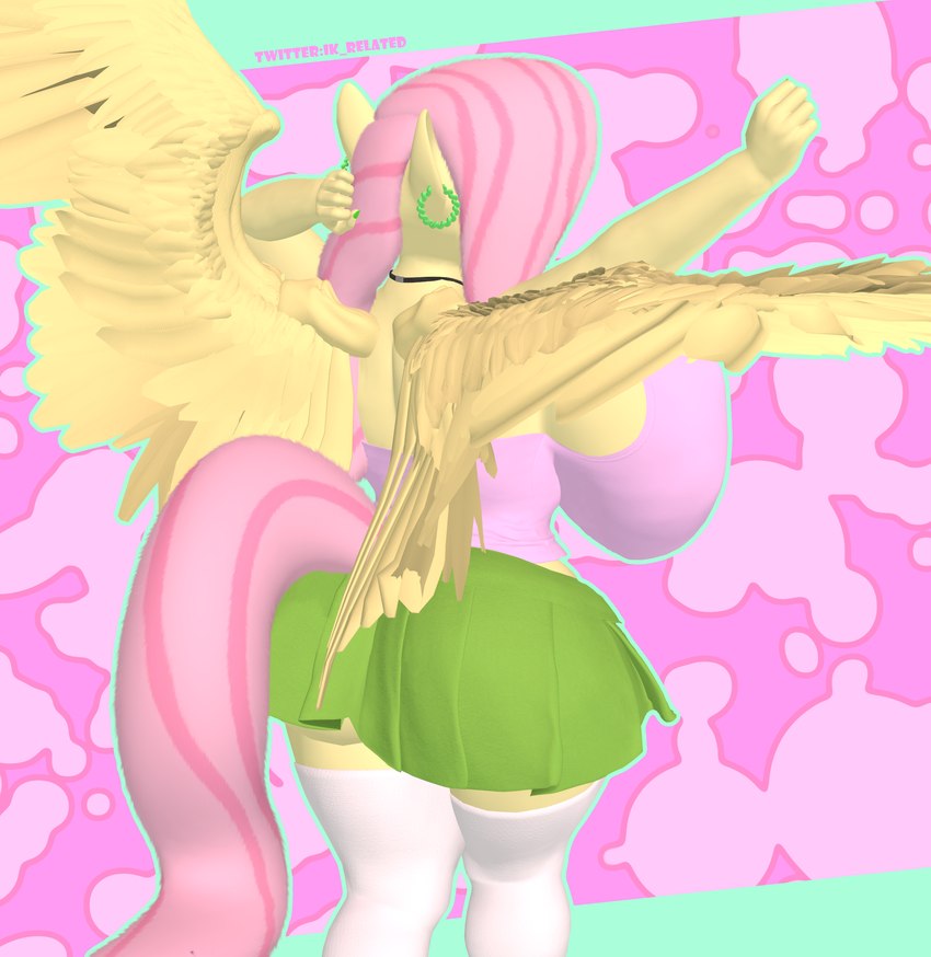 anthro anthrofied big_breasts breasts butt choker clothing ear_piercing ear_ring feathered_wings feathers female hair jewelry looking_at_viewer multicolored_hair necklace nipples piercing pink_hair rear_view ring_piercing side_boob simple_background smile solo tail wings yellow_body ik_related friendship_is_magic hasbro my_little_pony mythology fluttershy_(mlp) equid equine horse mammal mythological_creature mythological_equine pegasus pony 3d_(artwork) digital_media_(artwork) hi_res