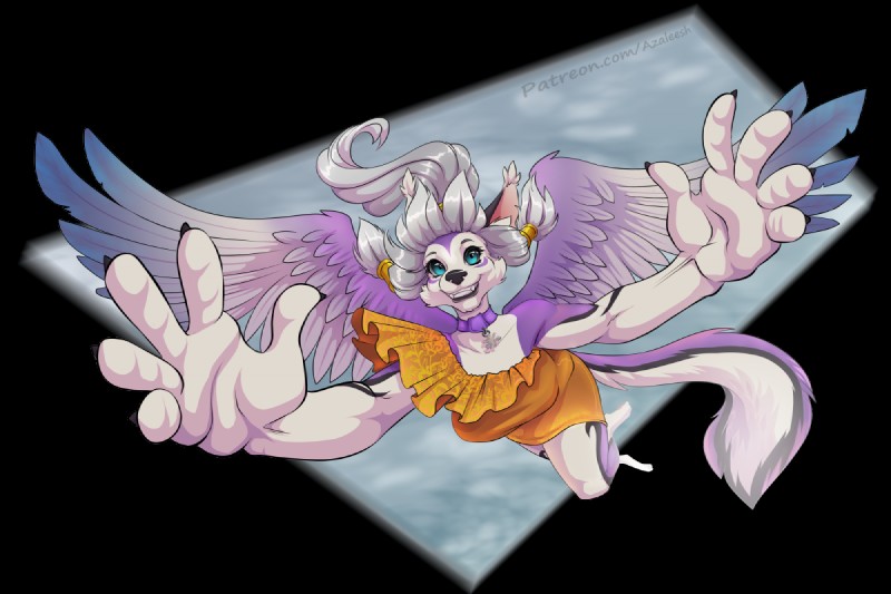 blue_eyes claws clothed clothing collar flying fur hair long_hair looking_at_viewer purple_body purple_fur simple_background smile solo tattoo teeth white_hair wings azaleesh ayre canid canine fox mammal 3:2 alpha_channel