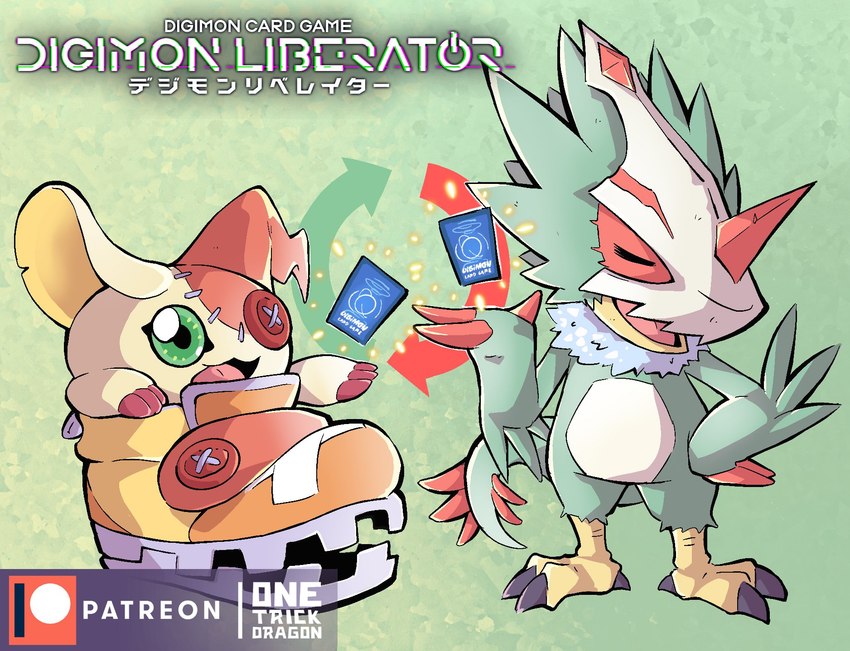 anthro clothing duo feathers feet female feral footwear green_body green_feathers male mask plushie shoes talons toes trading_card onetrickdragon bandai_namco digimon digimon_liberator animate_inanimate digimon_(species) living_plushie pteromon shoemon hi_res