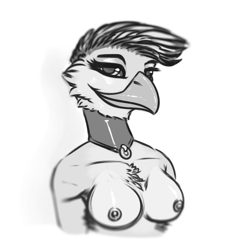 anthro areola bdsm beak breasts chest_tuft collar eyelashes feathers female front_view hair looking_at_viewer nipples non-mammal_breasts non-mammal_nipples nude posture_collar smile solo tuft adeer avian bird 1:1 2023 greyscale half-length_portrait monochrome portrait