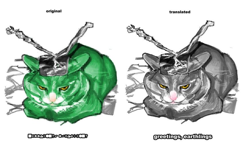 ambiguous_gender antennae_(anatomy) ears_back feral fur green_body green_fur loaf lying pink_nose pivoted_ears simple_background solo text white_background alunka alien domestic_cat felid feline felis mammal english_text meme