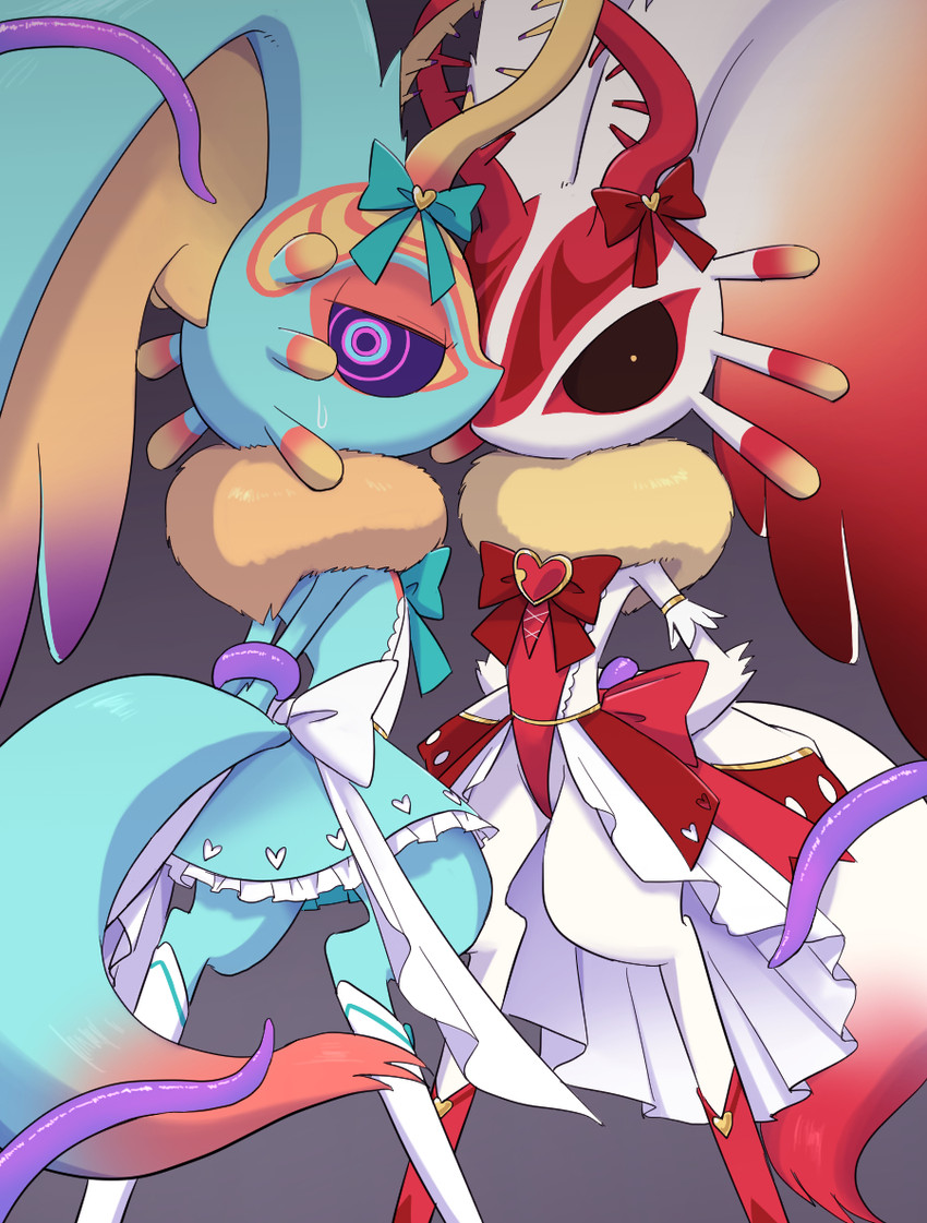 ambiguous_gender anthro antlers biped black_sclera bodily_fluids bow_ribbon chest_tuft clothed clothed_ambiguous clothed_anthro clothing countershade_torso countershading digitigrade dipstick_tail dress duo fluffy fluffy_tail fur grey_background hands_behind_back head_wings heart_symbol horn huge_wings imminent_sex imminent_tentacle_sex looking_at_viewer looking_back looking_back_at_viewer magical_girl_outfit markings mouthless multicolored_body multicolored_eyes multicolored_fur neck_tuft orange_body orange_fur pink_eyes pupils purple_tentacles red_body red_fur restrained restrained_arms restrained_by_tentacles simple_background sweat sweatdrop tail tail_markings tan_body tan_fur teal_body teal_eyes teal_fur tentacle_around_arm tentacles three-quarter_view tuft unusual_wing_placement white_body white_fur white_pupils wings amateru_kai kirby_(series) nintendo chaos_elfilis fecto_elfilis alien chinchilla chinchillid mammal rodent starling_(kirby) 2022 digital_drawing_(artwork) digital_media_(artwork) full-length_portrait portrait herm_(lore)