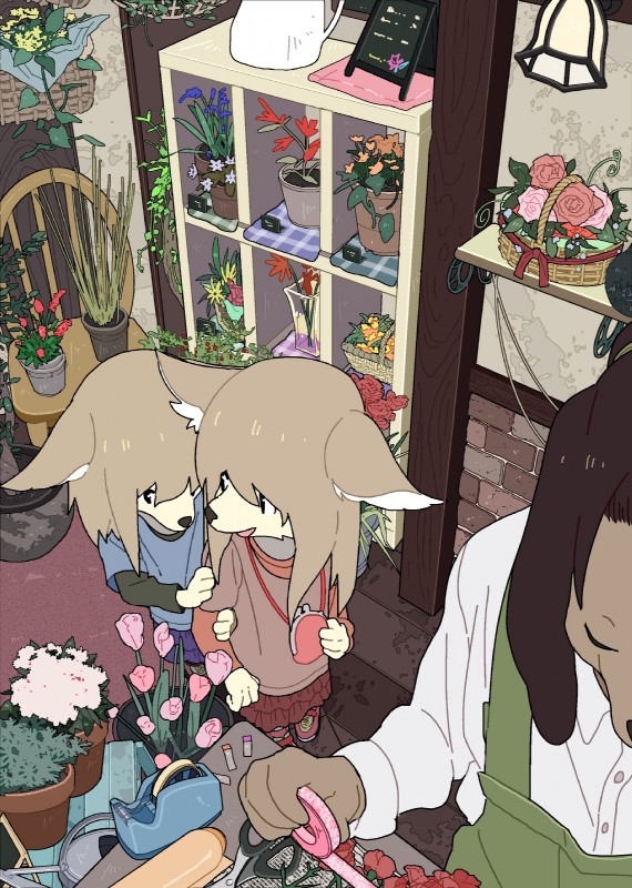 age_difference anthro bottomwear brown_hair chair clothed clothing detailed_background duo_focus eyes_closed female flower footwear fully_clothed fur furniture group hair hair_over_eye high-angle_view holding_object inside kemono long_hair looking_at_another one_eye_obstructed open_mouth plant plant_pot potted_plant purse shirt shoes skirt standing store tan_body tan_fur topwear tulip_(flower) younger_female taracod nao_(taracod) yui_(taracod) canid canine canis domestic_dog fennec_fox fox mammal true_fox hi_res sibling_(lore) sister_(lore) sisters_(lore) twins_(lore)