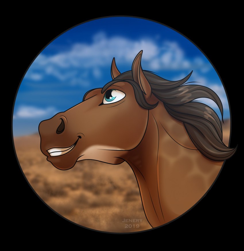 ambiguous_gender blue_eyes brown_body brown_hair brown_mane feral hair looking_up mane simple_background smile solo teeth jenery dolero equid equine horse mammal 2019 bust_portrait digital_media_(artwork) hi_res portrait