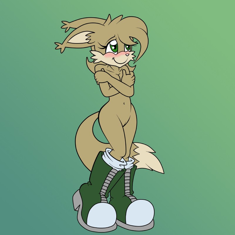 anthro biped blush boots breasts clothing covering covering_breasts covering_self female footwear genitals green_eyes nude pussy shoes simple_background solo standing zeiramzero sega sonic_the_hedgehog_(series) fan_character felicity canid canine fennec_fox fox mammal true_fox 1:1 absurd_res hi_res