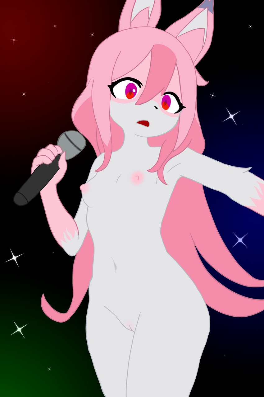 anthro breasts electronics female fur genitals hair holding_microphone holding_object innie_pussy japanese_idol microphone navel nude open_mouth pink_body pink_fur pink_hair pussy raised_arm red_eyes singing small_breasts solo standing surprised_expression white_body white_fur hikaridraws brand_new_animal studio_trigger nazuna_hiwatashi canid canine fox mammal 2:3 absurd_res hi_res