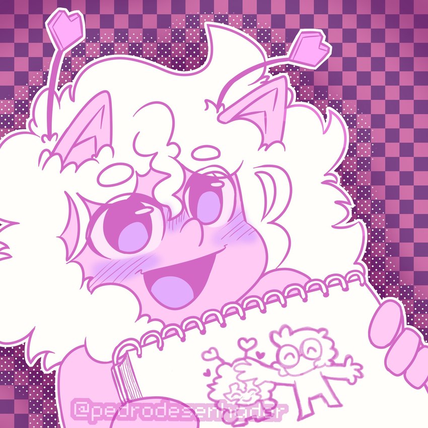 4_fingers ambiguous_gender antennae_(anatomy) blush blush_lines checkered checkered_background drawing_(object) eyebrow_through_hair eyebrows eyewear fingers fluffy fluffy_hair glasses glistening glistening_eyes hair happy headpat heart_antennae holding_drawing holding_object humanoid_focus notebook open_mouth open_smile pattern_background pink_antennae pink_body pink_ears pink_skin pointy_ears prick_ears purple_blush purple_eyes purple_heart purple_mouth purple_tongue round_glasses simple_background sketchbook smile solo text tongue translucent translucent_hair white_eyebrows white_hair pedrodesenhador animal_humanoid cat_humanoid felid felid_humanoid feline feline_humanoid human humanoid mammal mammal_humanoid 1:1 2023 artist_name colored halftone hi_res restricted_palette watermark