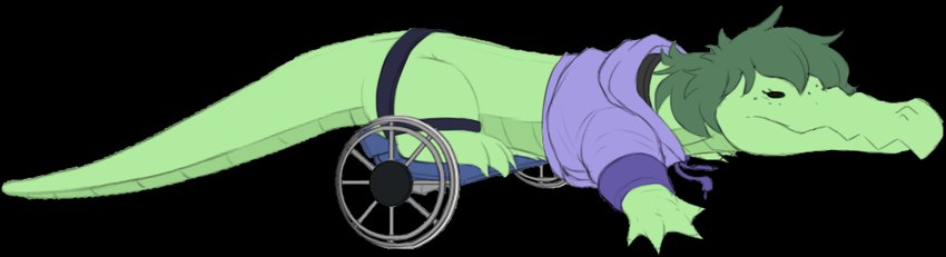 alternate_species ambiguous_gender bottomless bottomless_ambiguous clothed clothing feral freckles furgonomics green_hair hair hoodie purple_clothing purple_hoodie purple_topwear short_hair simple_background solo topwear transparent_background vehicle wheelchair allbadbadgers conditional_dnp cavemanon_studios i_wani_hug_that_gator alligator alligatorid crocodile crocodilian reptile scalie alpha_channel colored meme female_(lore)