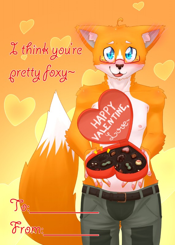 abs anthro big_tail blue_eyes blush bottomwear candy chocolate clothed clothing dessert eyewear food fur glasses heart_symbol holidays looking_at_viewer male nipples open_mouth orange_body orange_fur pants smile solo tail text topless white_body white_fur htodinth valentine's_day air_(htodinth) canid canine fox mammal 2015 english_text hi_res