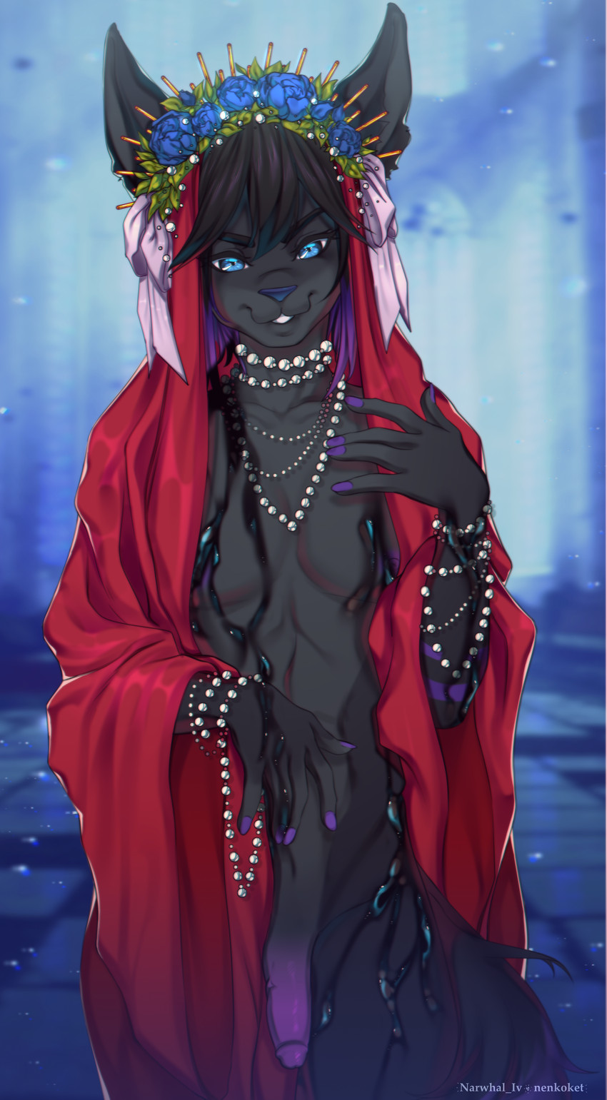 anthro blue_eyes clothing crown femboy hair headgear jewelry male prosthetic purple_hair robe seductive solo tiara narwhal_iv nenkoket suerte deity domestic_cat felid feline felis mammal absurd_res artist_collaboration hi_res