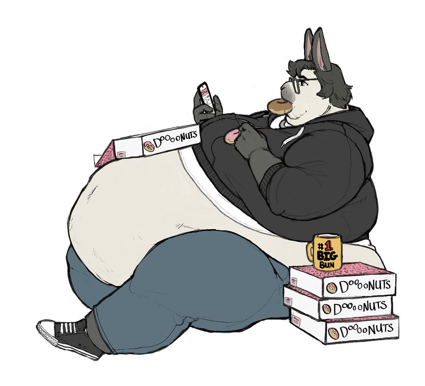 anthro belly big_belly black_body black_fur black_hair box butt cellphone clothed clothing container cup dessert double_chin doughnut eating electronics eyewear food fur glasses hair holding_cellphone holding_food holding_object holding_phone holding_smartphone hoodie love_handles male midriff moobs morbidly_obese morbidly_obese_anthro morbidly_obese_male obese obese_anthro obese_male overweight overweight_anthro overweight_male pastry phone sitting smartphone solo tan_body tan_fur text topwear white_body white_fur yasano lagomorph leporid mammal rabbit english_text