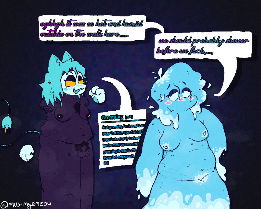 animal_genitalia anthro areola armpit_hair black_body black_fur blotchy_areola blue_hair blush blush_stickers bodily_fluids body_hair breasts chest_hair duo electrical_plug electrical_plug_tail electricity eyelashes eyeshadow female floating_hands fur genitals glistening_eyelids gynomorph hair heat_(temperature) hip_dips imminent_lick imminent_sex intersex intersex/female legless long_eyelashes makeup mask musk musk_cloud nipples nude overweight overweight_anthro overweight_female pattern_background penis pubes sheath simple_background speech_bubble stretch_marks stylized_stretch_marks sweat text water wearing_mask wet wet_body wet_hair yellow_fangs yellow_nipples yellow_sclera mus-myemeow deltarune undertale_(series) wikipedia miss_mizzle tasque_manager darkner domestic_cat electricity_creature elemental_creature felid feline felis humanoid mammal water_creature 2026 absurd_res aliasing binary_drawing digital_drawing_(artwork) digital_media_(artwork) english_text hi_res paint.net_(artwork) trans_(lore) trans_woman_(lore)