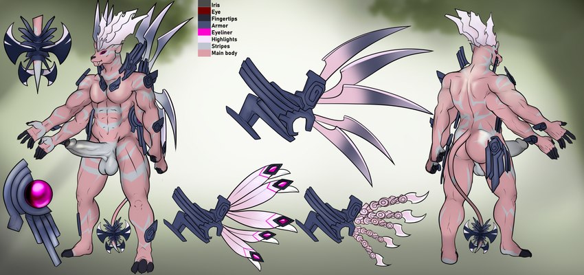 3_toes 4_arms 5_fingers abs anthro armor balls big_penis blade butt eyeliner fangs feathered_wings feathers feet fingers front_view gem genitals humanoid_genitalia humanoid_penis makeup male markings multi_arm multi_limb penis pink_body rear_view red_eyes solo tail tail_blade teeth text toes weapon_tail white_body white_penis wings franubis disney spectrobes felid leopard mammal pantherine rydrake spectrobe absurd_res english_text hi_res model_sheet