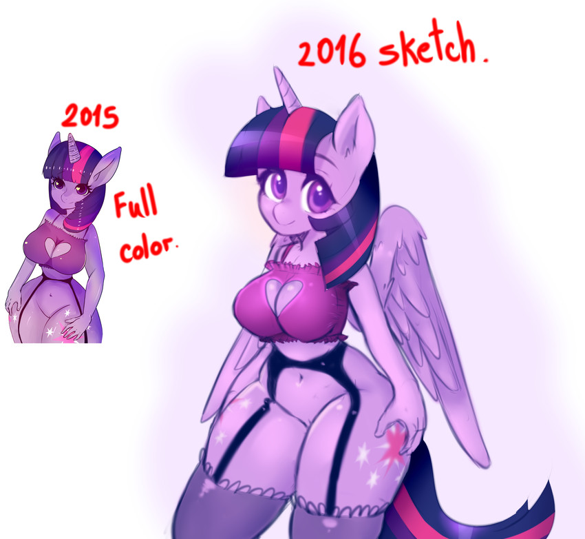 anthro anthrofied big_breasts bottomless breasts cleavage clothed clothing female garter_belt garter_straps genitals horn pussy solo text wide_hips wings kei_kun friendship_is_magic hasbro my_little_pony mythology twilight_sparkle_(mlp) equid equine horse mammal mythological_creature mythological_equine pony winged_unicorn hi_res