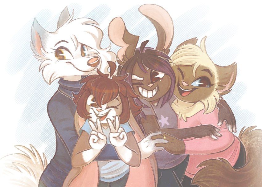 5_fingers anthro brown_hair clothed clothing female fingers fur gesture group hair hand_gesture male one_eye_closed open_mouth open_smile smile tail v_sign white_body white_fur nini_(artist) ashton_(nini) cecily_(nini) mallory_(nini) maya_(nini) canid canine domestic_cat felid feline felis fox lagomorph leporid mammal rabbit hi_res brother_(lore) brother_and_sister_(lore) daughter_(lore) mother_(lore) mother_and_child_(lore) mother_and_daughter_(lore) mother_and_son_(lore) parent_(lore) parent_and_child_(lore) parent_and_daughter_(lore) parent_and_son_(lore) sibling_(lore) sister_(lore) son_(lore)