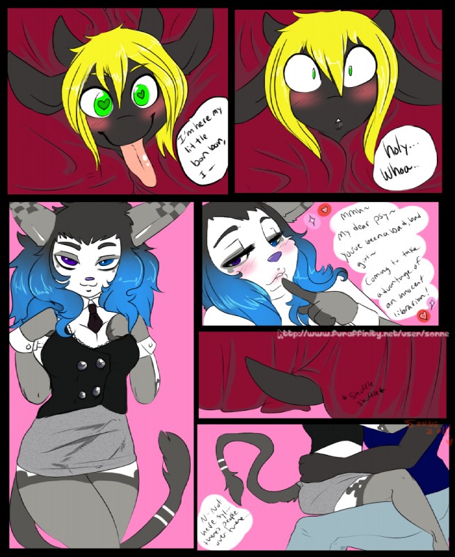 2_horns anthro anthro_on_anthro big_breasts biped black_body black_clothing black_ears black_eyebrows black_hair black_horn black_necktie black_neckwear black_skin black_tail black_text black_topwear blonde_hair blue_bottomwear blue_clothing blue_eyes blue_hair blue_pants blue_shirt blue_topwear blush bottomwear breasts bulge close-up clothed clothing curtains curved_eyebrows dark_body dark_clothing dark_ears dark_eyebrows dark_hair dark_horn dark_neckwear dark_pupils dark_shirt dark_skin dark_tail dark_text dark_topwear detailed_bulge dialogue duo eyebrows eyelashes female fitting_room front_view fully_clothed fur genital_outline green_eyes grey_body grey_bottomwear grey_clothing grey_ears grey_fur grey_markings grey_skirt grey_tail gynomorph gynomorph/female hair half-closed_eyes heart_eyes heart_symbol heterochromia horn humor intersex intersex/female iris leg_markings lidded_eyes markings monotone_body monotone_bottomwear monotone_clothing monotone_pants monotone_shirt monotone_skin monotone_skirt monotone_tail monotone_topwear multicolored_body multicolored_fur multicolored_hair narrowed_eyes necktie neckwear no_pupils non-mammal_breasts on_lap pants penis_outline pink_tongue pupils purple_eyes purple_nose red_curtains roleplay romantic romantic_couple seductive shirt short_hair simple_background sitting sitting_on_lap skirt small_iris socks_(marking) sound_effects speech_bubble standing surprise tail talking_to_another text tongue tongue_out topwear two_tone_body two_tone_fur two_tone_hair white_body white_fur year sonne mythology psykrow_darcy syl_(psykrow) dragon lemur mammal mythological_creature mythological_scalie primate scalie strepsirrhine 2011 comic english_text signature