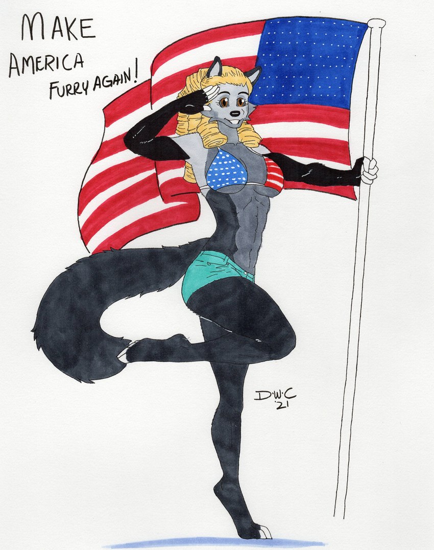 3_toes 5_fingers abs american_flag american_flag_bikini anthro bent_arm bent_leg bikini black_body black_fur blonde_hair blue_eyes bottomwear breasts brown_eyes cleavage clothed clothing extended_arm feet female fingers flag flag_(object) flag_bikini flag_clothing flag_print flag_swimwear fur gesture grey_body grey_fur hair holidays hotpants long_hair multicolored_body multicolored_fur multicolored_hair on_one_leg one_calf_up politics print_bikini print_clothing print_swimwear raised_calf raised_foot salute shorts simple_background smile solo standing straight_leg swimwear toes topwear two-piece_swimsuit two_tone_body two_tone_fur united_states_of_america dreadwolfclaw1990 4th_of_july sybil_mccready sybil_vaadia canid canine canis mammal wolf absurd_res hi_res traditional_media_(artwork)