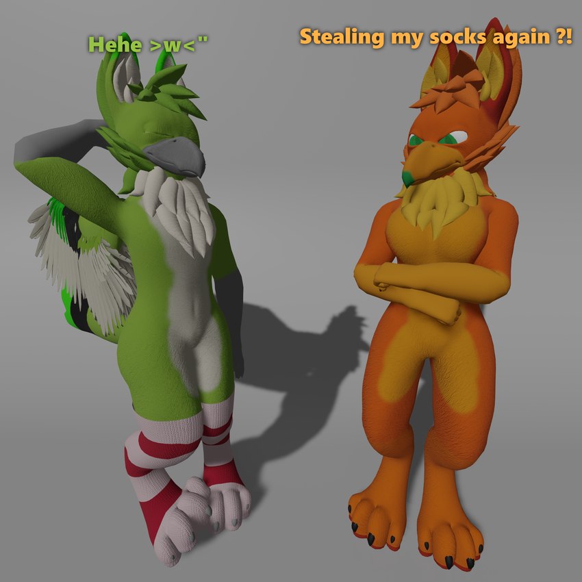 angry anthro beak caught_in_the_act claws clothing crossed_arms digitigrade duo female footwear fur green_body green_eyes green_fur hand_behind_head male male/female neck_tuft orange_body orange_fur paws paws_in_socks socks speech_bubble text tuft wings drafy_(artist) mythology amber_wing drafy avian gryphon mythological_avian mythological_creature 1:1 3d_(artwork) absurd_res digital_media_(artwork) english_text hi_res