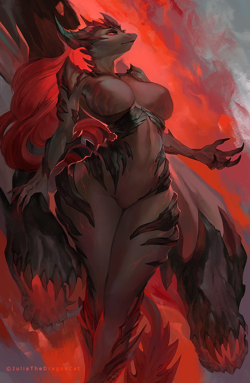 anthro big_breasts biped breasts claws featureless_crotch female finger_claws fire looking_at_viewer pupils red_eyes solo thick_thighs wide_hips juliathedragoncat mythology demon dragon mythological_creature mythological_scalie scalie 2024 hi_res