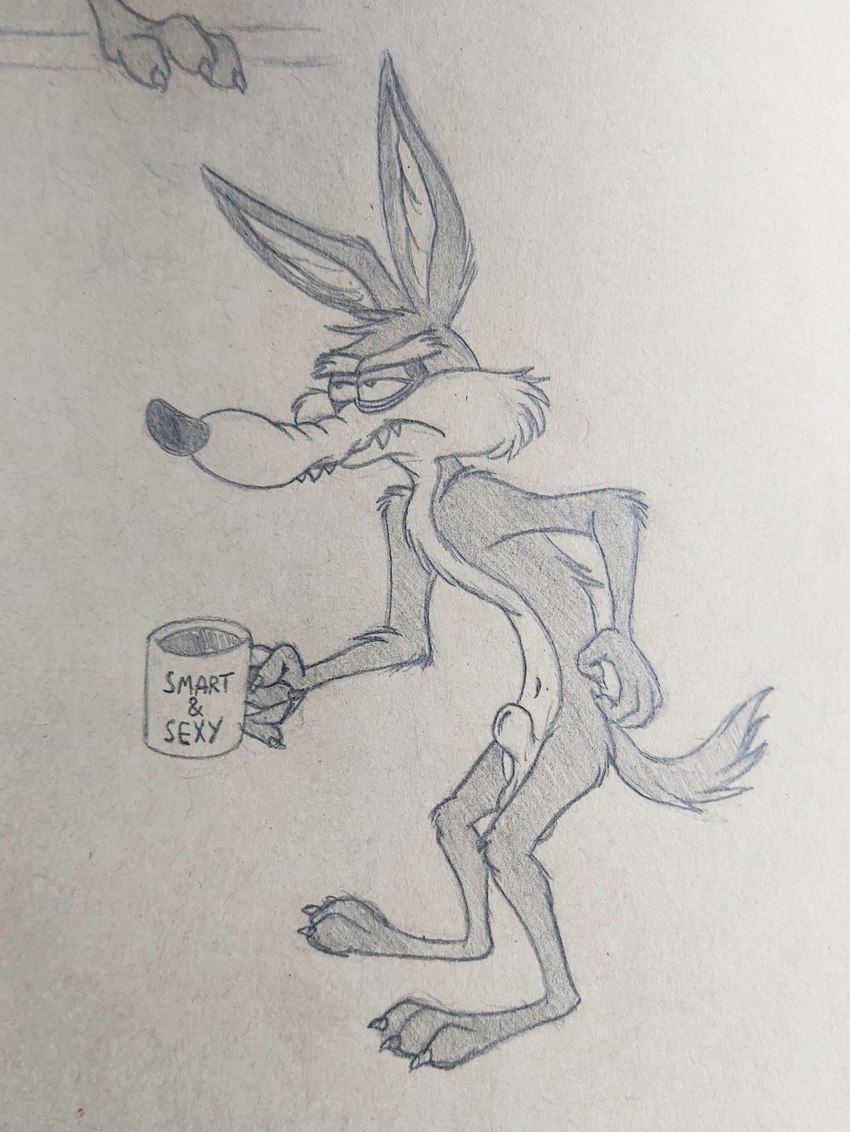 3_toes 4_fingers animal_genitalia anthro arm_tuft back_tuft balls beverage biped black_eyes black_nose butt_tuft calf_tuft cheek_tuft chest_tuft claws coffee coffee_cup coffee_mug container cup elbow_tuft facial_tuft fangs feet finger_claws fingers forearm_tuft forearms frown fully_sheathed genitals groggy half-closed_eyes head_tuft hip_tuft holding_coffee holding_coffee_cup holding_coffee_mug holding_container holding_cup holding_object humanoid_hands knee_tuft leg_tuft male narrowed_eyes navel nude paws plantigrade pose ribs scratching_back scratching_butt scratching_self sharp_teeth sheath shoulder_tuft skinny solo standing teeth text text_on_coffee_mug text_on_cup text_on_mug tired tired_eyes toe_claws toes tuft lufeed looney_tunes warner_brothers wile_e._coyote canid canine canis coyote mammal english_text graphite_(artwork) greyscale hi_res monochrome pencil_(artwork) pinup sketch traditional_media_(artwork)