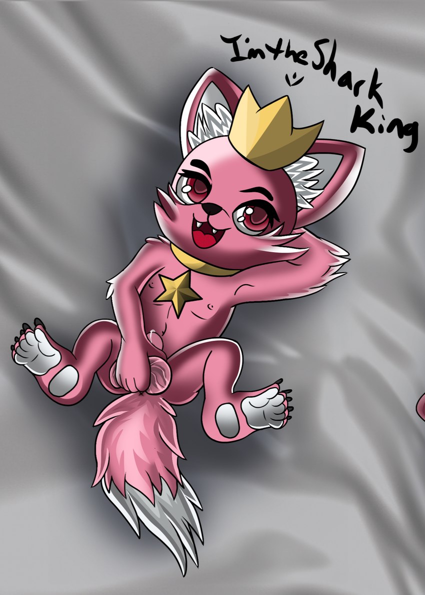 anthro anus balls bodily_fluids crown cum dakimakura ejaculation erection feet fur genital_fluids genitals headgear lying male masturbation nipples on_back open_mouth orgasm pawpads penis pink_body pink_fur smile tail tongue young young_anthro zardoseus pinkfong_(character) canid canine fox mammal dakimakura_design hi_res