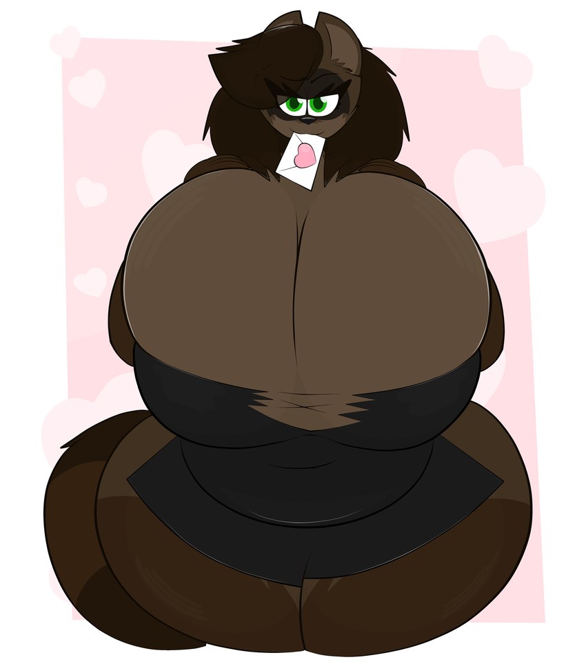 anthro belly big_breasts black_clothing black_dress breasts brown_body brown_fur brown_hair card clothing dress female fur green_eyes hair heart_symbol huge_breasts hyper hyper_breasts overweight pink_background simple_background slightly_chubby slightly_chubby_female solo thick_thighs toony white_background raccoonuki raquel_(raccoonuki) canid canine hybrid mammal procyonid raccoon raccoon_dog tanuki absurd_res hi_res sketch