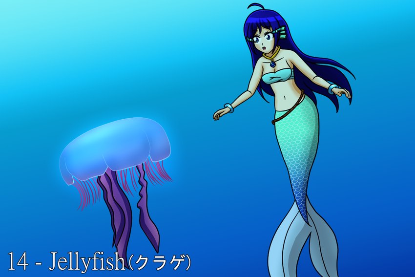 accessory ahoge bandeau blue_background blue_body blue_eyes blue_hair blue_scales bracelet breasts cleavage clothed clothing ear_fins female feral fin gradient_background hair hair_accessory hairpin jewelry katakana light_body light_skin long_hair mermaid_tail necklace purple_tentacles scales sea sidelocks simple_background solo split_form tentacles text topwear underwater waist_accessory water uwdennis sinktember sinktember_2024 cnidarian humanoid jellyfish marine medusozoan merfolk 3:2 english_text japanese_text