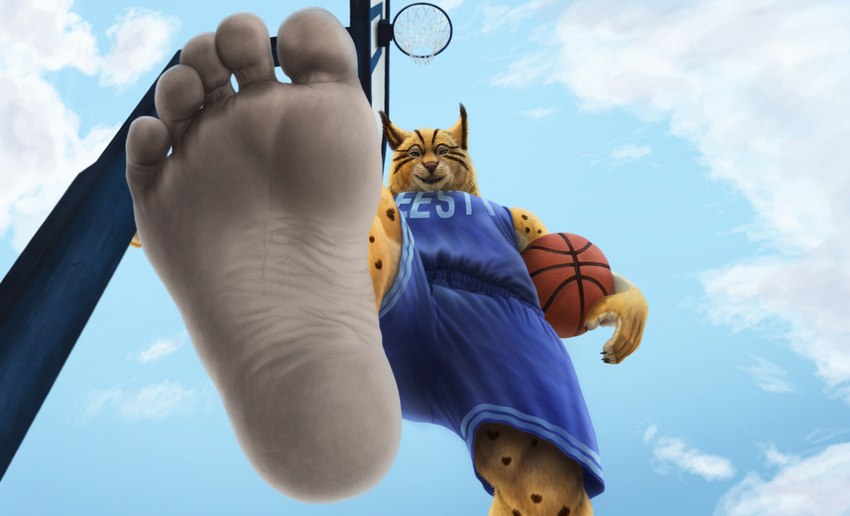 5_toes anthro ball barefoot basketball basketball_(ball) basketball_clothing basketball_hoop basketball_jersey basketball_net basketball_shorts basketball_uniform blue_clothing clothing cloud feet foot_fetish foot_focus fur humanoid_feet jersey logo looking_at_viewer male markings muscular muscular_anthro muscular_male outside plantigrade prick_ears sky smile snout soles solo sportswear spots spotted_body spotted_fur striped_body stripes toes uniform ryenaa sidmonthebear felid feline lynx mammal 2022 hi_res