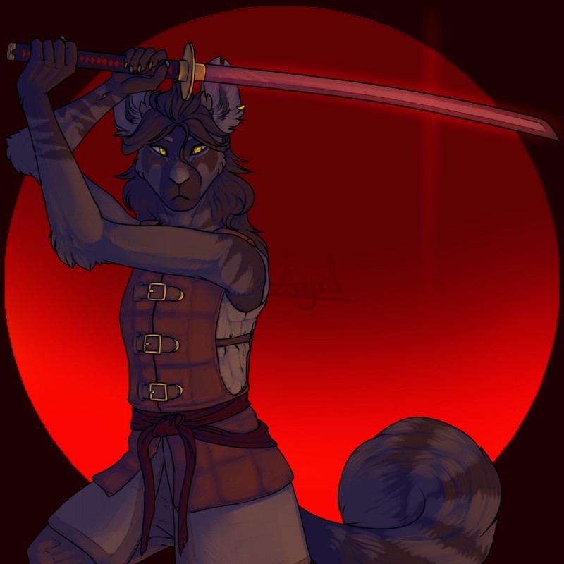 ambiguous_gender anthro armor dark_body dark_fur fur gambeson hair holding_melee_weapon holding_object holding_sword holding_weapon looking_at_viewer melee_weapon pose solo sword weapon samanta_(artist) tales_of_the_rubro_suns ayra canid canine fox mammal 1:1 hi_res