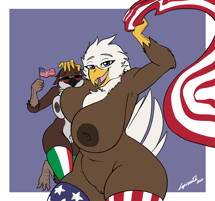 american_flag anthro beak big_breasts blue_eyes breasts brown_body brown_feathers canton clothed clothing curvy_figure duo eyes_closed feathers female female/female flag flag_(object) genitals head_on_breast holding_flag holding_object huge_breasts italy legwear legwear_only looking_at_viewer mature_anthro mature_female mini_flag mostly_nude nipples nude open_mouth pose pubes pussy simple_background size_difference slightly_chubby slightly_chubby_female smile stockings stockings_only thick_thighs tongue united_states_of_america voluptuous white_body white_feathers wide_hips lyorenth-the-dragon freeda_(himynameisnobody) accipitrid accipitriform avian bald_eagle bird eagle oscine passerine sea_eagle sparrow absurd_res digital_media_(artwork) hi_res