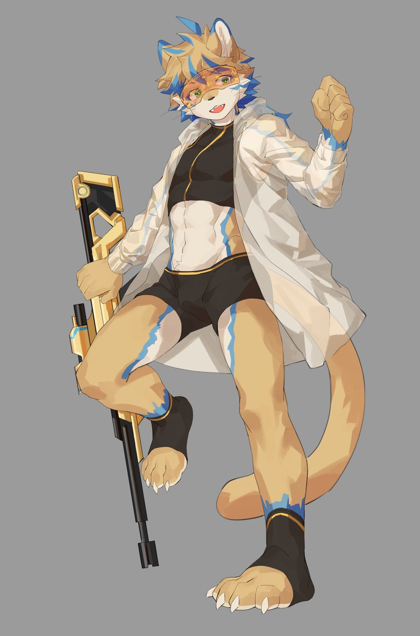 anthro bottomwear clothing coat eyewear goggles gun male ranged_weapon rifle shorts simple_background sniper_rifle solo standing topwear weapon joeyzliaotang felid feline mammal absurd_res hi_res